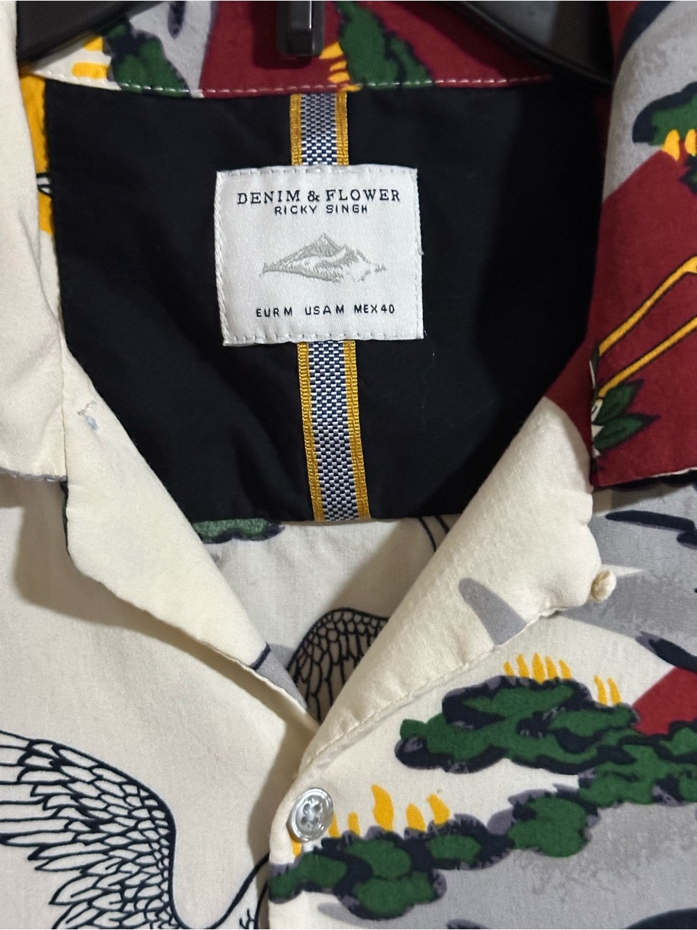 Denim & Flower Ricky Singh Burgundy, Cream & Yellow Crane Print Shirt - Picture 8 of 9